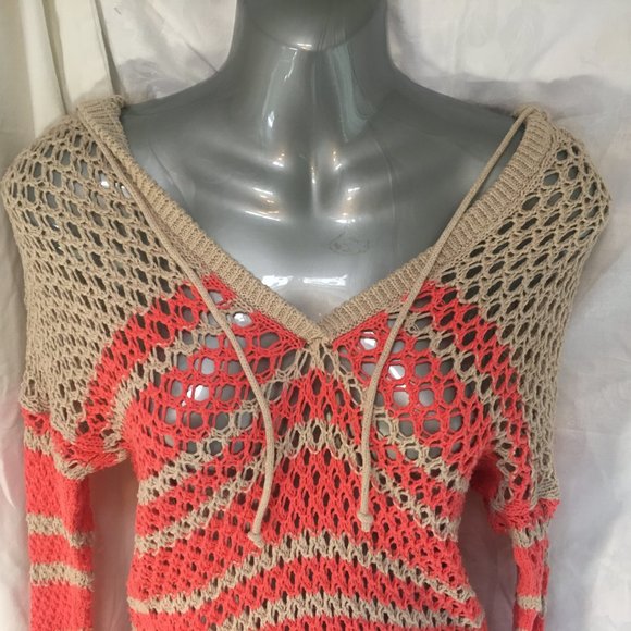 American Eagle Coral Beige Crochet Open Knit Hooded Long Sweater Y2K XS Fairy - Picture 2 of 10